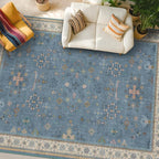 Blue Big Rugs for Living Room - Dusty Blue 10x14 Area Rug for Large Bedroom, Dining Room, Washable Lightweight Low Pile Foldable Eclectic Modern Floral Home Décor