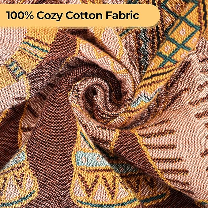 Boho Throw Blanket for Bed with Tassels,100% Cotton Ultra Soft and Cozy Large Blanket Elephant Printed Farmhouse Decor Bed Blankets,90"×98" All Season Rustic Throw for Sofa Couch Chair-Brown