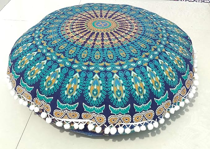 INDIAN CRAFT CASTLE 24" Blue Peacock Mandala Barmeri Large Floor Pillow Cover Cushion Meditation Seating Ottoman Throw Cover Hippie Decorative Zipped Bohemian Pouf Ottoman Pom Pom Cases 24" Round