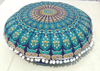 INDIAN CRAFT CASTLE 24" Blue Peacock Mandala Barmeri Large Floor Pillow Cover Cushion Meditation Seating Ottoman Throw Cover Hippie Decorative Zipped Bohemian Pouf Ottoman Pom Pom Cases 24" Round