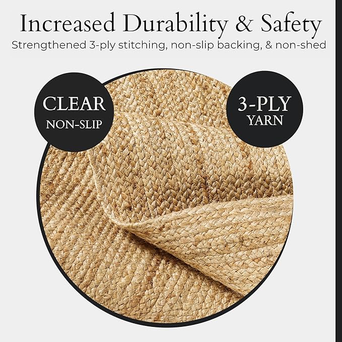 Jute Area Rug - 3x5 Natural Jute Rug with Non-Slip Backing, Low-Profile Farmhouse Rug for Living Room, Bedroom or Rustic Entryway mat, Eco-Friendly Boho Decor, Non-Shed for High-Traffic