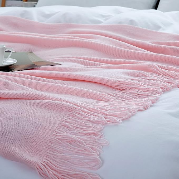Vonty Pink Knitted Blanket with Tassels Fringe 60" x 80", Super Soft Knit Throw Blanket, Farmhouse Decorative Lightweight Blanket for Couch, Sofa, Bed