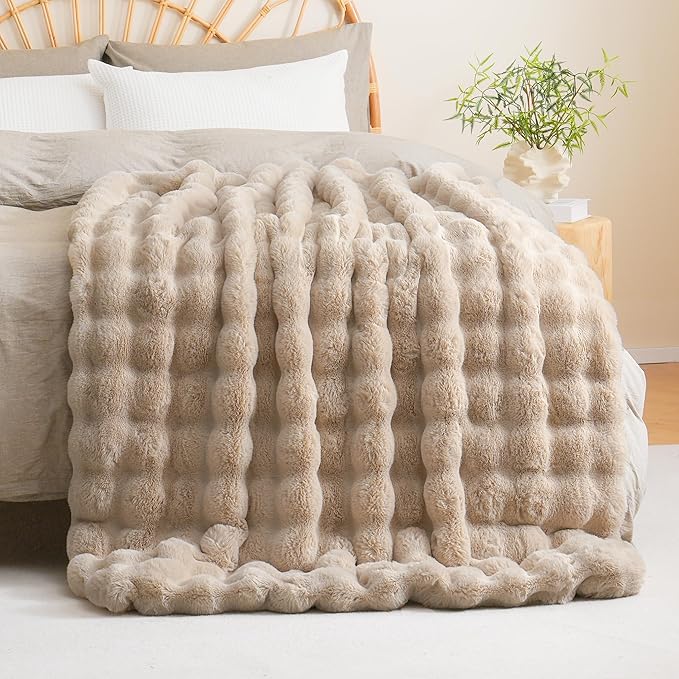 BENVWE Faux Fur Throw Blanket for Couch - Thickened Fluffy Soft Bubble Blanket for Living Room Home Decor - Fathers Day Birthday Gifts for Women Men, Beige, 50" x 60", 1300GSM