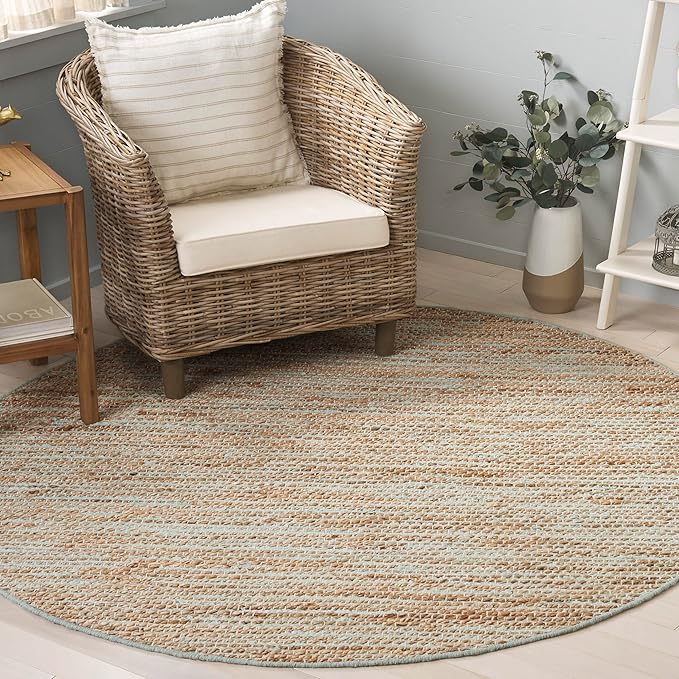 SAFAVIEH Cape Cod Collection Area Rug - 6' Round, Turquoise & Natural, Handmade Jute & Cotton, Ideal for Living Room, Bedroom, Dining Space (CAP236K)