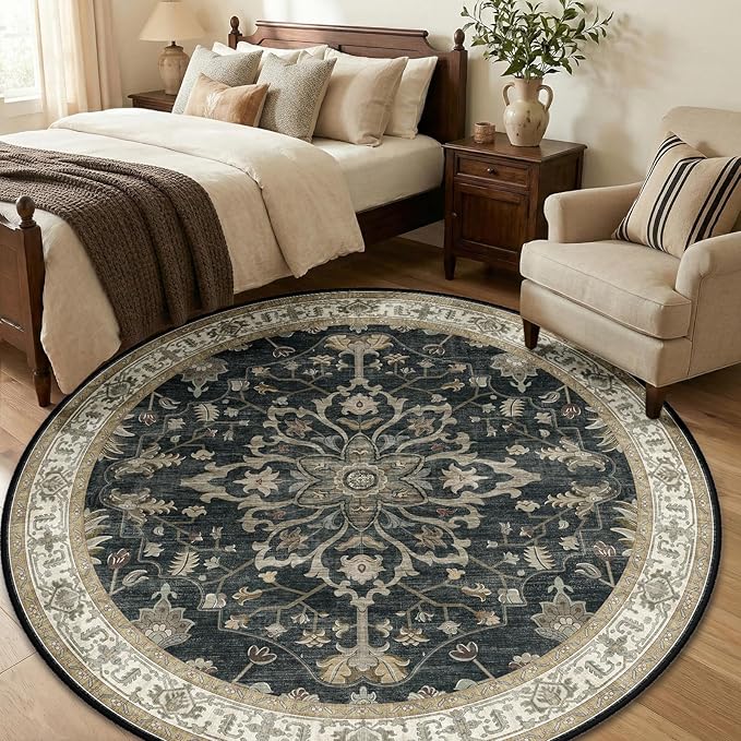 Area Rugs Round 6ft Washable Non-Slip, Floral Vintage Distress Print Pattern Medallion Carpet for Living Room Bedroom Dining Room, Vintage Black Brown Neutral