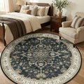 Area Rugs Round 6ft Washable Non-Slip, Floral Vintage Distress Print Pattern Medallion Carpet for Living Room Bedroom Dining Room, Vintage Black Brown Neutral