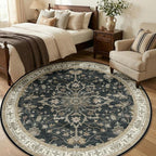 Area Rugs Round 6ft Washable Non-Slip, Floral Vintage Distress Print Pattern Medallion Carpet for Living Room Bedroom Dining Room, Vintage Black Brown Neutral