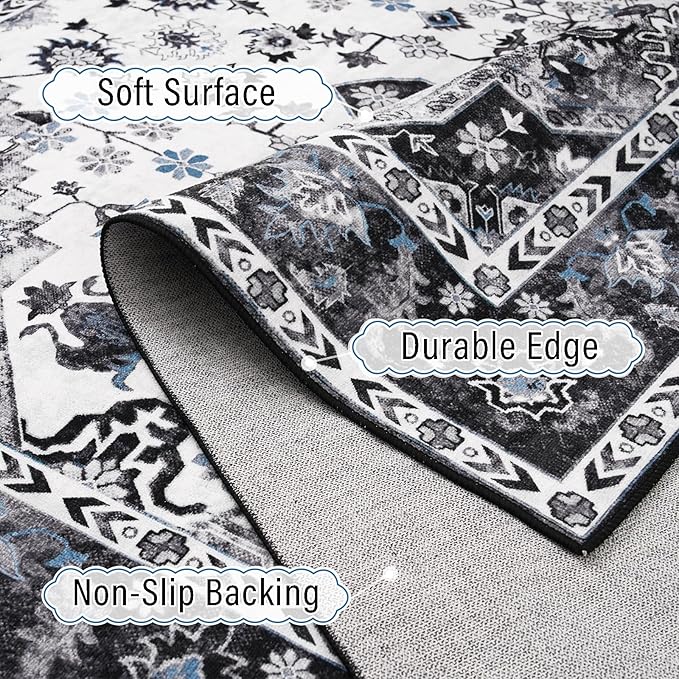 Amearea Vintage Design Area Rugs for Living Room, 8x10 Machine Washable Floral Collection Traditional Bedroom Rug, Low Pile Cute Kids Room Print Carpet, No Slip Office Kitchen Home Decor, Black