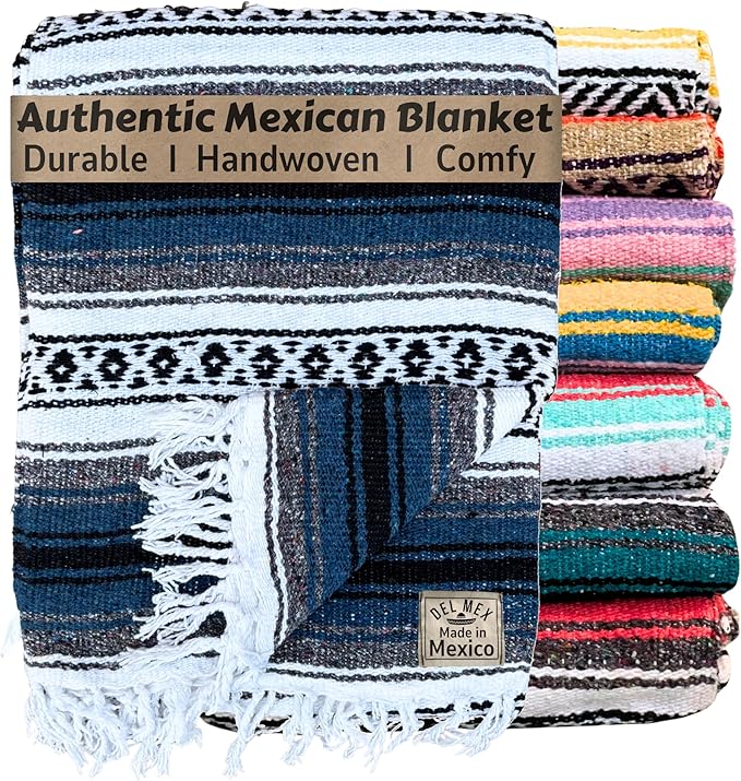 Del Mex Classic Mexican Blanket, Large Authentic Woven Falsa Throw (70"x50"), Artisan Southwest Décor for Beach, Yoga, Outdoors (Navy Blue)