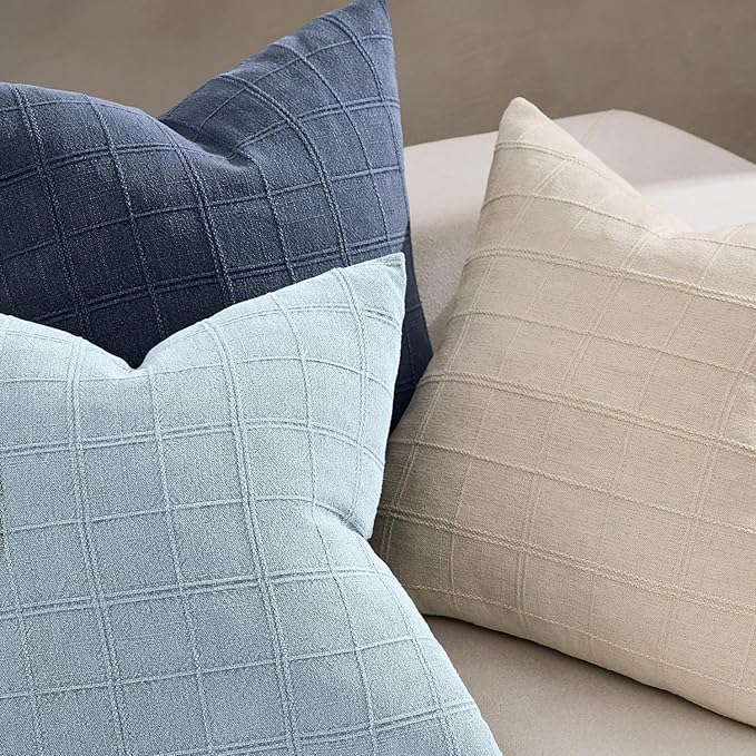 Woaboy Linen Check Throw Pillow Covers Light Blue Farmhouse Modern Boho Vintage Coastal 18x18 Inch Set of 2 Decorative Cushion Covers for Sofa Couch Bedroom Living Room Home Decor