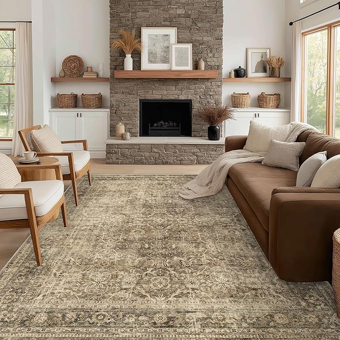 FMFUNCTEX 12x15 Washable Area Rug Brown Vintage Neutral Distressed Large Non Slip Carpet for Living Room Bedroom Soft Low Pile Indoor Mat Retro Floral Throw Rug for Dining Room Kitchen Office Nursery