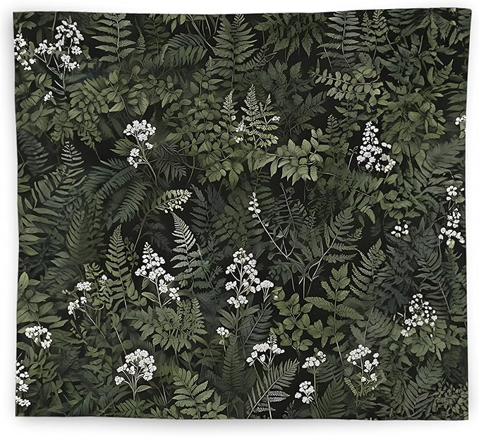 WNAGT Deep Green Floral Botanical Tapestry Wall Hanging, Cottage Core Decor, Vintage Fern Leaf Plant Flower Wall Blanket Decor for Home Bedroom Living Room, 50x60 Inch