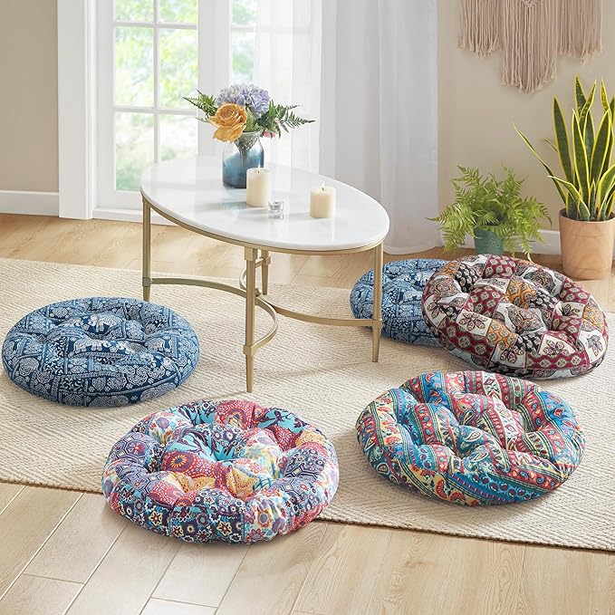 Codi Meditation Floor Pillow, Boho Pillows Seating for Adults and Kids, Large Round Cushion for Yoga Living Room Tatami Sitting, Memory Foam Added, 22x22 Inch, Multi Patchwork