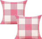VAKADO Pink White Outdoor Farmhouse Buffalo Plaids Decorative Throw Pillow Covers Retro Checked Square Cushion Cases Classic Coffee Check Home Decor for Couch Sofa Patio 24x24 Inch Pack of 2