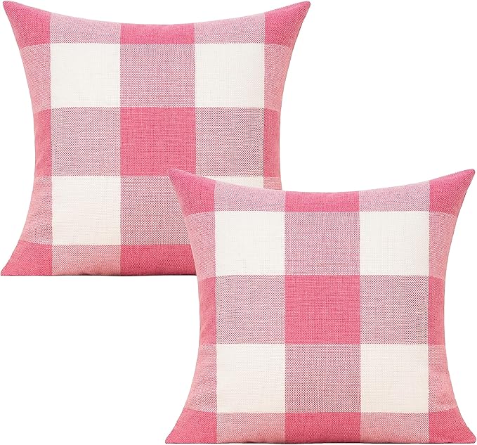 VAKADO Pink White Outdoor Farmhouse Buffalo Plaids Decorative Throw Pillow Covers Retro Checked Square Cushion Cases Classic Coffee Check Home Decor for Couch Sofa Patio 22x22 Inch Pack of 2