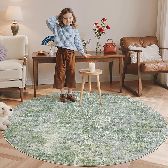 5x5 Green/Ivory Round Rug 5ft Living Room Circle Rug Vintage Round Area Rug Non Slip Indoor Carpet for Entryway Dining Room Bedroom