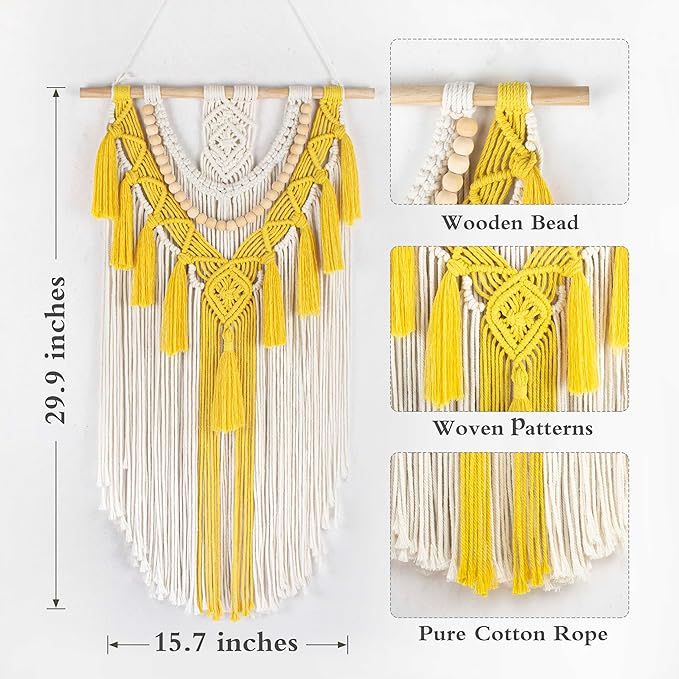 HVEST Yellow Macrame Wall Hanging Boho Tapestry Wall Art Decor,Handmade Woven Bohemian Tapestry with Tassel Craft Ornament Aesthetic Wall Decoration for Bedroom Living Room Apartment Nursery Backdrop
