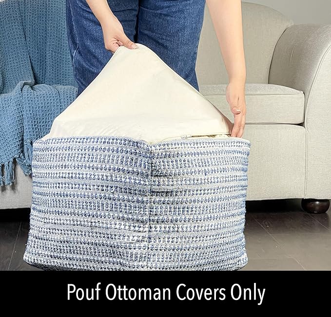 Chardin home UNSTUFFED Ottoman, Cozy & Bohemian Pouf Covers, Hand Crafted Casual Seating, Footrest, Square Floor Pillow for Home, Office, Bedroom, Living Room, 16.5" x 16.5"x 12.9", Blue-Off White