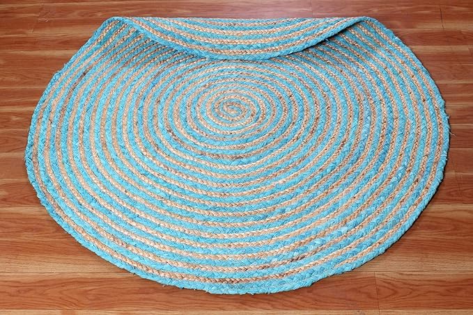 Circle Area Rug - 3 Ft' Round Blue Natural Chindi Cotton Jute Mat Geometric Kilim Rug Indoor Outdoor Use Flatweave Rugs for Bedroom Bedside Round Dining Table Mat Hall & Kitchen