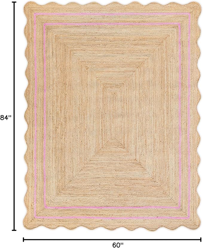 Wave Scalloped Natural Jute Runner - Boho Jute Entryway Scallop Rug, Light Pink (5'x7')