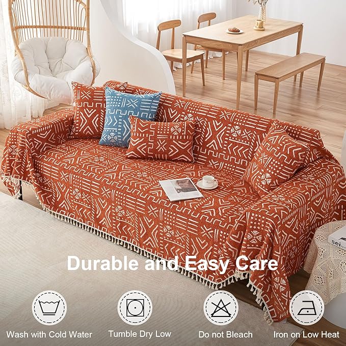 VClife Boho Couch Cover for 3 Cushion Couch Sofa Durable Soft Chenille Sofa Slipcover for Sectional Sofa, 1 PC Multi-Functional Sofa Covers Protector, Caramel and White Furniture Protector 71" x 134"