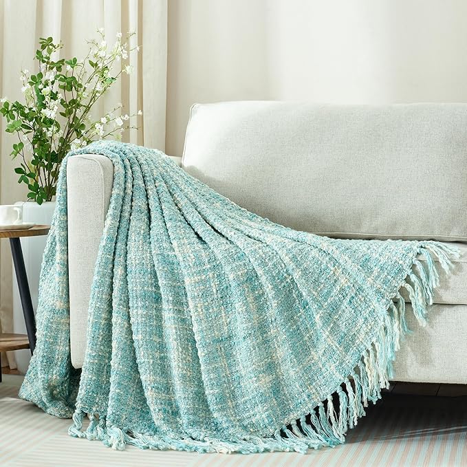 Multi-Color Turquoise Cable Woven Throw Blanket for Couch,50"X60" Boho Style Textured Blankets for Home Decor,Super Soft Warm Cozy Chunky Blanket with Decorative Tassels for Bed
