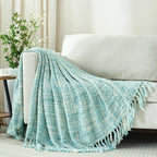 Multi-Color Turquoise Cable Woven Throw Blanket for Couch,60"X80" Boho Style Textured Blankets for Home Decor,Super Soft Warm Cozy Chunky Blanket with Decorative Tassels for Bed