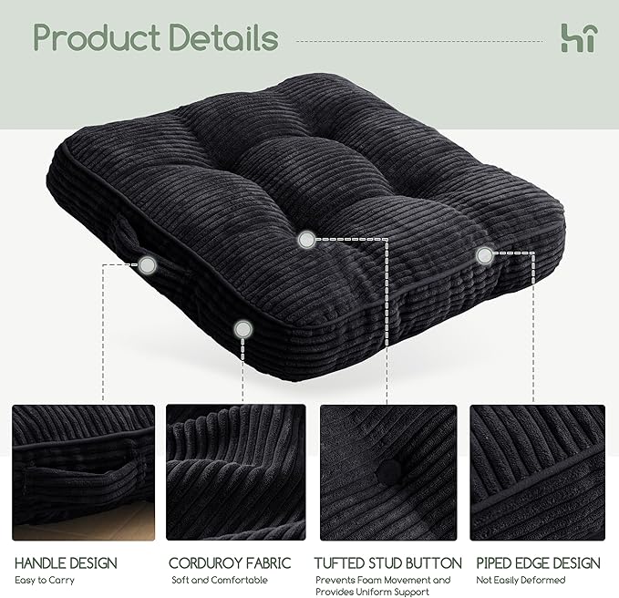 HIGOGOGO Floor Pillow Cushion for Adults, Meditation Cushion Pillow, Large Square Floor Sitting, Tufted Corduroy Cover, for Tatami Living Room or Yoga, 22x22 Inch, 2Pack, Black