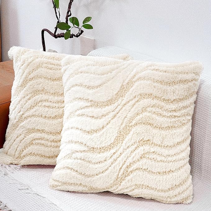 Cream Pillow Covers 18x18 Set of 2, Faux Fur Soft Textured Throw Pillow Covers Boho Fluffy Geometric Decorative Pillow Covers for Couch Bed Livingroom