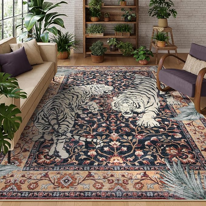 Moynesa Tiger Washable Area Rug, 9x12 Living Room Rug, Vintage Non Slip Large Rug for Dining Room, Ultra Thin Boho Soft Stain Resistant Indoor Carpet for Bedroom Guest Room, Puce Red