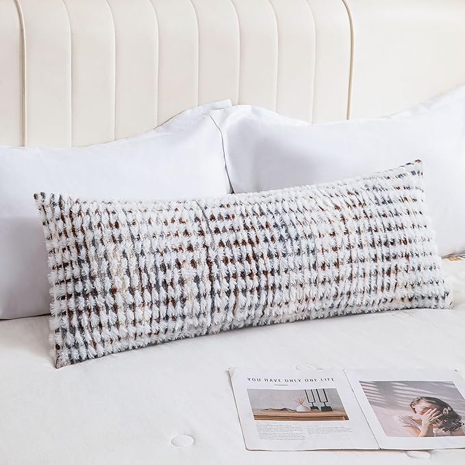 Decorative Boho Lumbar Pillow Covers 1 Pack 14x36 Inch Farmhouse Tufted Long Accent Body Pillow Covers for Bed, Neutral Fluffy Boho Throw Pillowcase for Couch Bedroom, Home Décor, Brown White