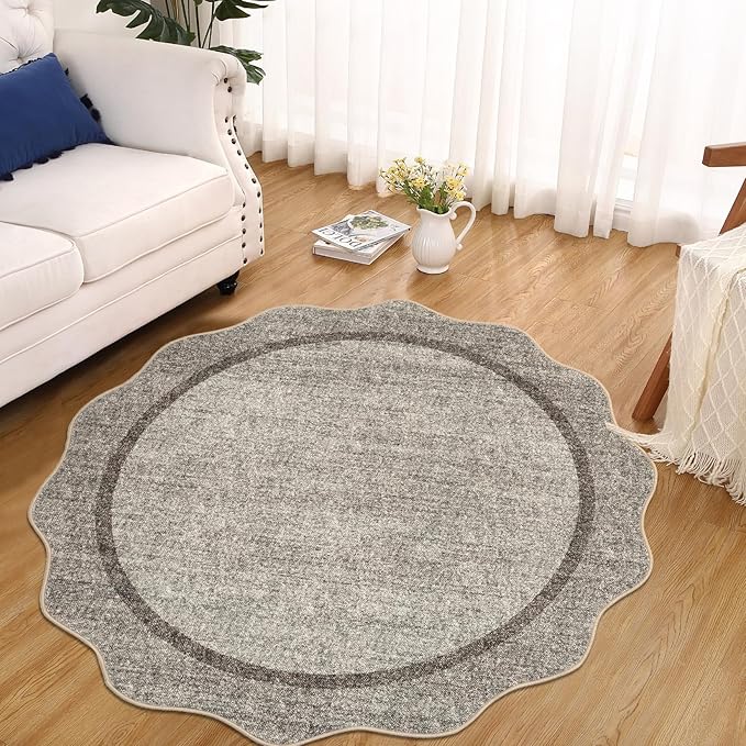GarveeHome Scalloped Round Area Rugs, Washable Small Round Rug 3 ft Non-Slip, Soft Christmas Solid Ultra-Thin Circle Low Pile Stain Resistant Carpet for Bedroom Entryway Kitchen Bathroom, Brown