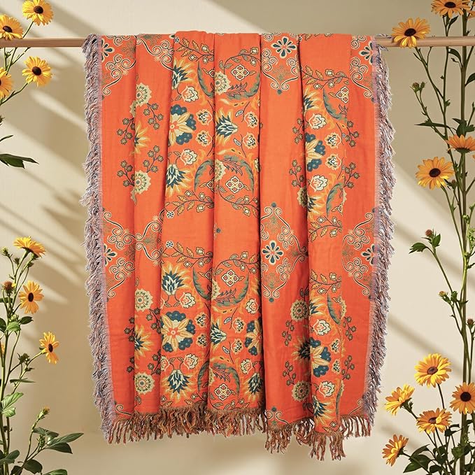 100% Cotton Throw Blanket, Muslin Breathable Soft Bed Quilt Orange Throw - Bohemian Floral Farmhouse Decor Blanket for Sofa Couch Chair and Gift. 50" x 60"