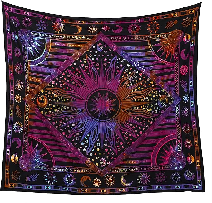 Popular Handicrafts Wall Hanging Tapestry For Bedroom Hippie Burning Sun and Moon Meditation Bohemian Hippy Psychedelic Design Indian Tapestries Bedspread 30 x 40 Inches (76 x 101 cms), Blue
