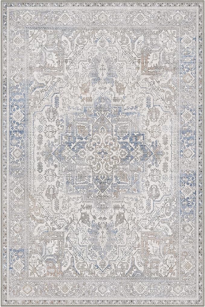 GENIMO 5x7 Area Rugs for Living Room, Machine Washable Rugs, Low Pile Non Slip Rug for Bedroom, Dining Room, Home Office, Khaki Blue