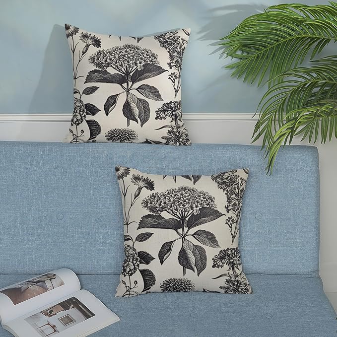 Black Pillow Covers 16x16 Set of 2 Vintage Boho Floral Hydrangea Herbs Botanical Throw Pillow Cover Outdoor Flower Decoration Pillowcase Linen Farmhouse Cushion Case Decorative for Couch Sofa