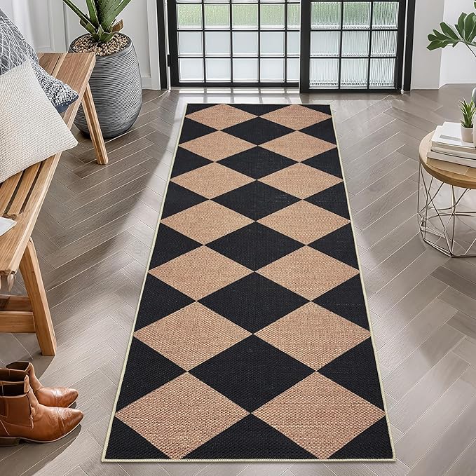 GarveeHome Checkered Easy Jute Runner Rug 2x6 Non-Slip Machine Washable Stain Resistant Indoor Outdoor Rugs for Living Room, Bedroom, Kitchen, Dining, Patio - Farmhouse Style Black Tan