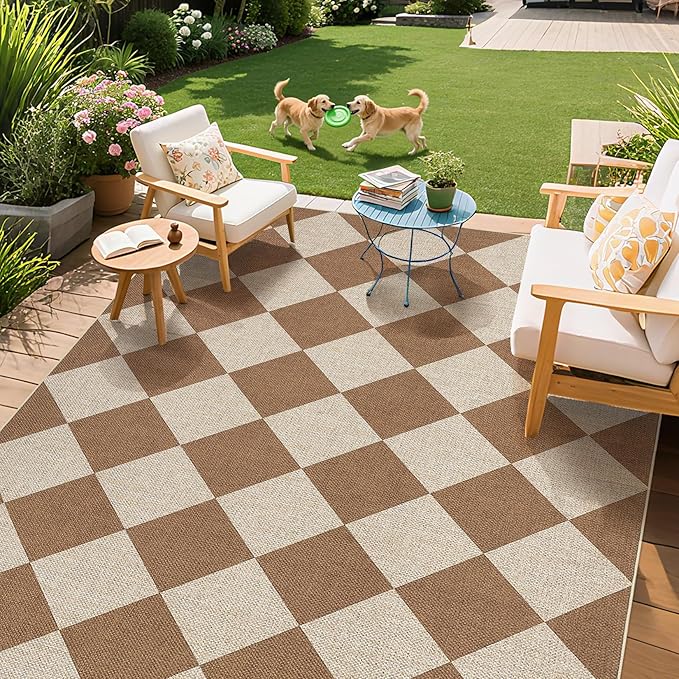 GarveeHome Checkered Easy Jute 5x7 Area Rugs for Living Room Machine Washable Non-Slip Backing Stain Resistant Modern Indoor Outdoor Rugs for Farmhouse Dining Room Patio Brown