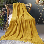 Chenille Throw Blanket for Couch 60"X 80" Twin, Soft Cozy Throws with Fringe Tassel for Bed Sofa Chair Cover, Lightweight Knitted Decorative Boho Blankets for Living Room, Yellow