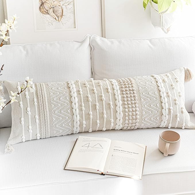 BlissBlush Cream Decorative Lumbar Throw Pillow Cover 14x36 Boho Long Cushion for Bed Neutral Beige White Accent Modern Farmhouse Pillowcase for Bedroom Living Room Couch Sofa Home Décor Cover ONLY
