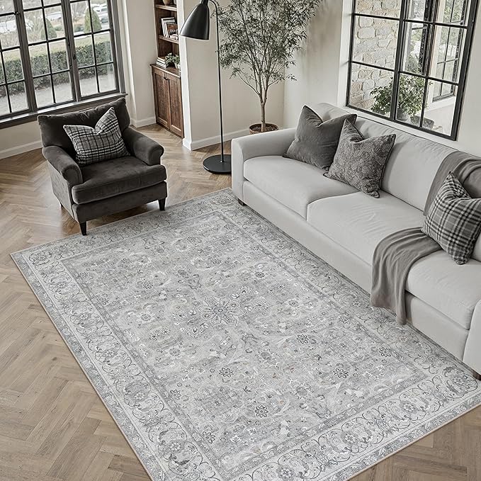 Gray 6x9 Area Rug Washable Vintage Living Room Carpet Bedroom Large Indoor Non Slip Soft Low Pile Thin Stain Resistant Distressed Accent Throw Rug for Dining Office Nursery