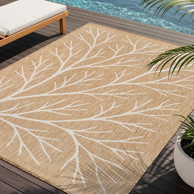 Washable Indoor Outdoor Rug 8x10 Modern Area Rugs Branch Pattern Non Shedding Waterproof Easy Clean Patio Deck Porch Living Room Bedroom Garden RV (8 X 10 Natural)