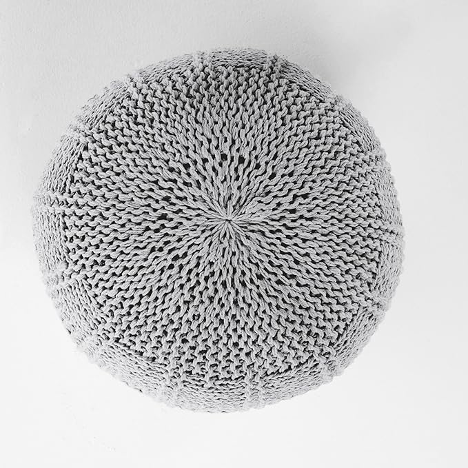 Handcrafted Knitted Cotton Round Pouf - 20x20, Modern Design, Soft and Comfortable, No Assembly, Home Decor, Knit Ottoman, Boho Floor Pouf for Living (Gray)