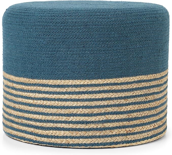 · REDEARTH · Cylindrical Pouf Foot Stool Ottoman - Jute Braided Pouffe Poof Accent Sitting Footrest for Living Room, Bedroom, Nursery, Patio, Lounge & Other Rooms (Teal Natural, 18"X18"X14")