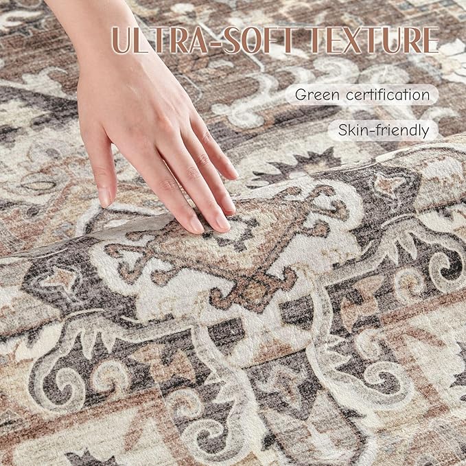 Washable Rug 6x9 Area Rugs: Boho Vintage Distressed Oriental Medallion Neutral Thin Large Rug Carpet for Living Room Bedroom Dining Room Home Office Decor - Dark Brown