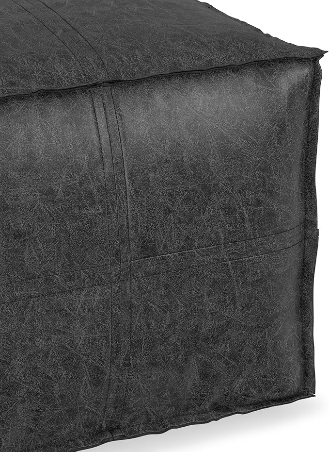 SIMPLIHOME Brody Square Pouf - 18 inch Wide Upholstered Vegan Leather Ottoman in Distressed Black, Boho Footstool, Coffee Table or Extra Seating for Living Room or Bedroom, Assembled