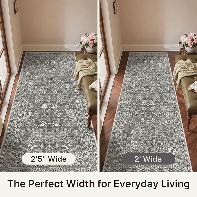 Bavni 2'6''x6 Rug Runners for Hallways, Washable Runner Rug Non Slip, Vintage Floral Print Style Rugs for Bedroom-Lightweight Low Pile Carpet for Hallways Bathroom, Gery