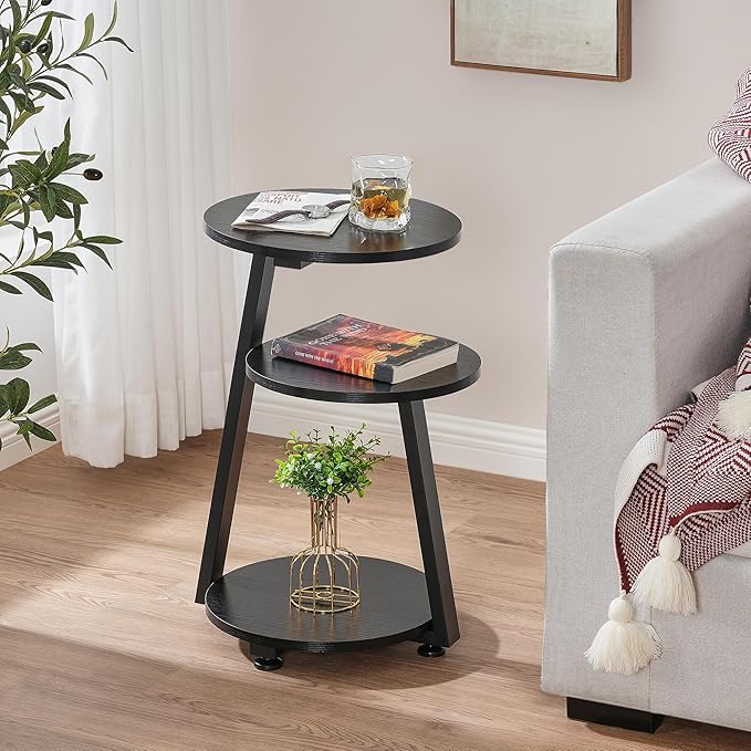 BEWISHOME Round End Table Side Table with Metal Frame, Accent Table Nightstand Bedside Table with 3-Tier Shelves, Small Couch Table for Living Room Bedroom Black KTZ41B