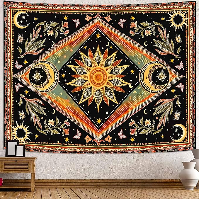 Accnicc Hippie Sun and Moon Tapestry Boho Mandala Floral Wall Tapestry for Bedroom Aesthetic Vintage Plant Celestial Colorful Small Tapestries Wall Hanging for Dorm Living Room Decor 60 x 44 Inch