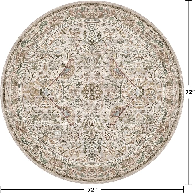 Boho 6ft Area Round Rug for Living Room - Floral Vintage Circular Rug for Kids Bedroom, Dining Room, Home Office, Washable Low Pile Non Slip, Moss Green & Olive Indoor Aesthetic Décor